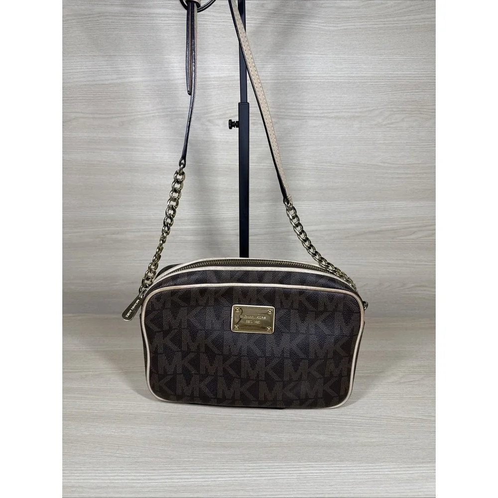Michael Kors Brown Logo Saffiano Leather Gold Chain Jet Set Small Crossbody